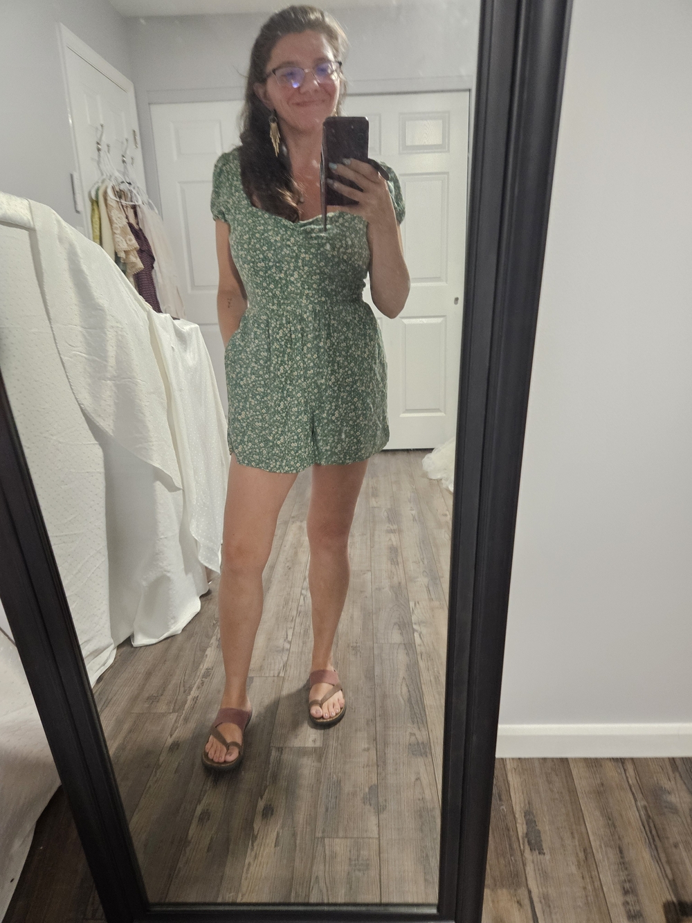 Green Floral Short Sleeve Romper With Pockets